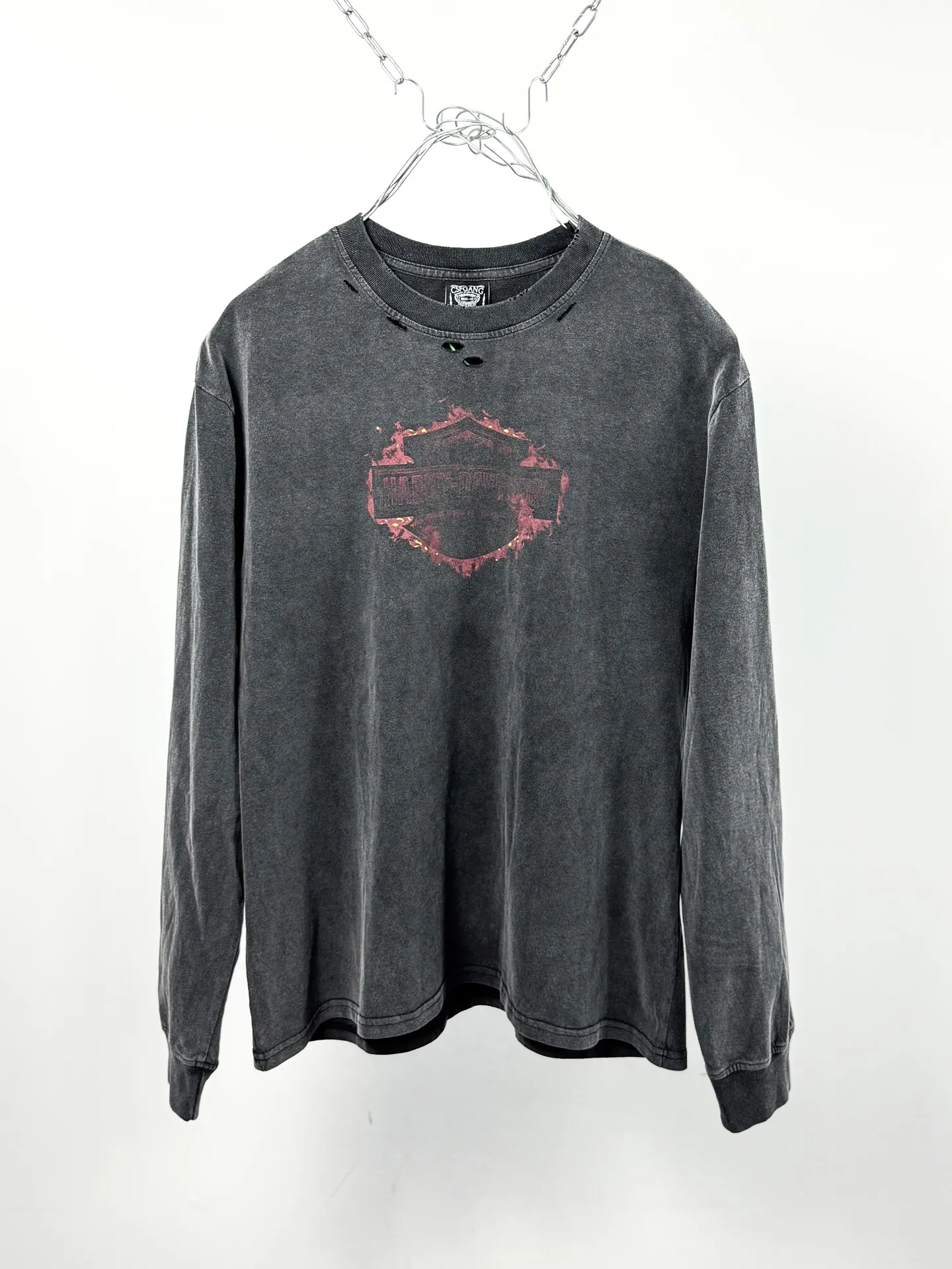 P158 # CTS-37 SAINT “Harley Harley Red Flame Limited Edition” L/S Shirt 25AW Autumn and Winter Heavy Spray Horse Assute Wash Gradient Distressing Multi-position Complex Handmade Destruction Long-sleeved T-shirt Size: S M L XL